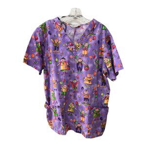 Cherokee Inspired Comfort Women’s Scrub Top – Purple Pig Clown Balloon Print Siz